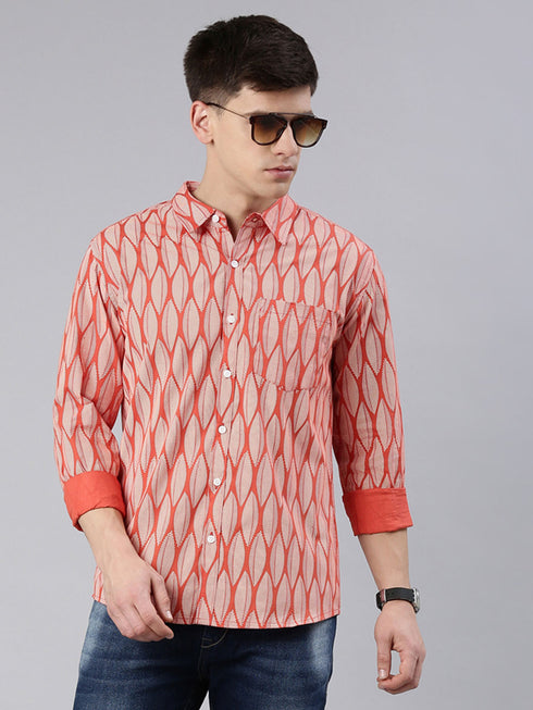 Orange Printed Full Sleeves Shirt